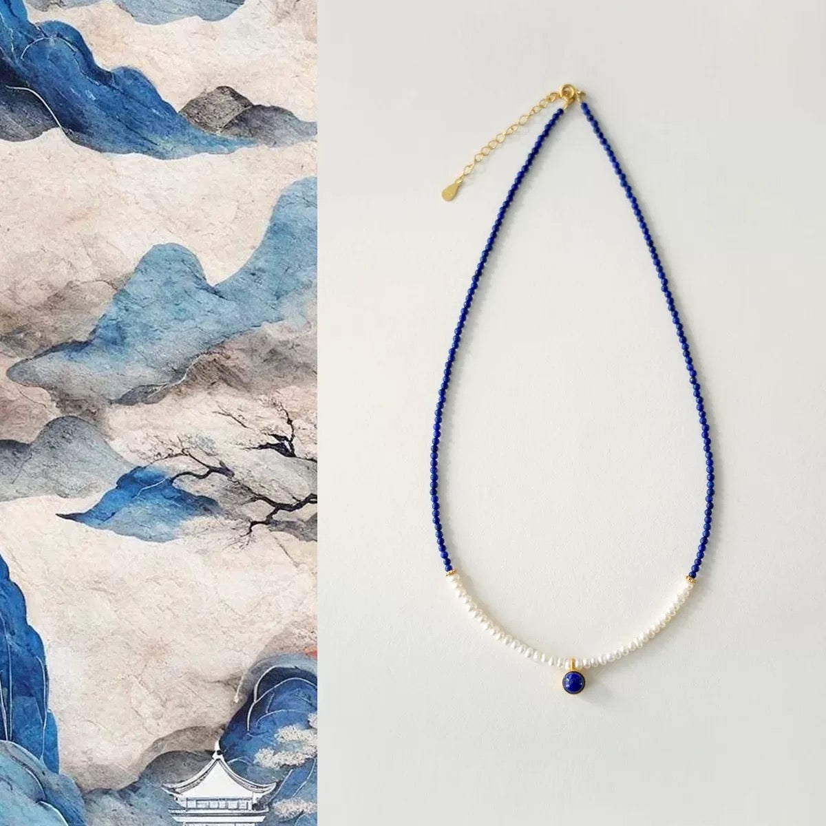 Luminora Natural Freshwater Pearl & Lapis Lazuli Necklace | Embodying Women’s Nobility and Elegance