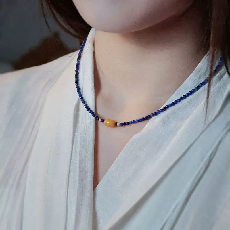 Elegant Lapis Lazuli & Amber Beaded Necklace – Handmade Minimalist Choker for Women, Natural Stone Jewelry by Luminora