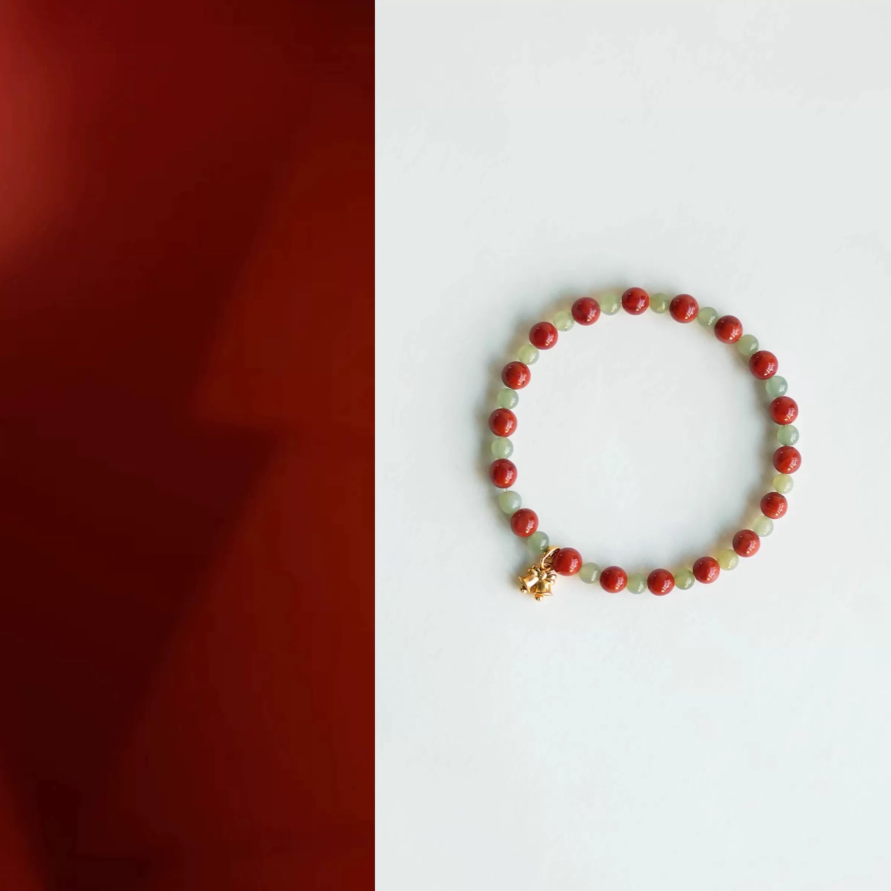 Natural Red Agate and Jade Bracelet | Vintage Elegant Chinese Style | Gold Prayer Wheel Pendant | Handmade Beaded Jewelry by Luminora