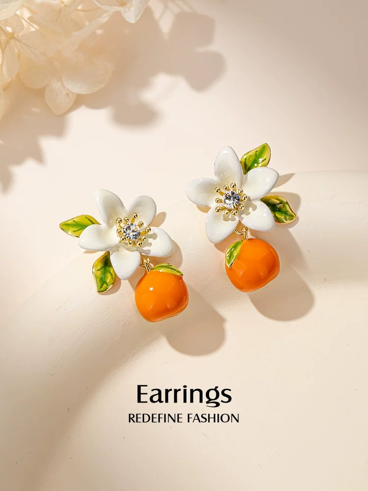 Citrus Blossom Earrings – Floral Fruit Studs in 925 Silver