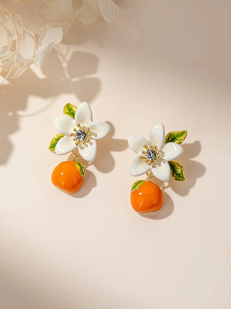 Citrus Blossom Earrings – Floral Fruit Studs in 925 Silver