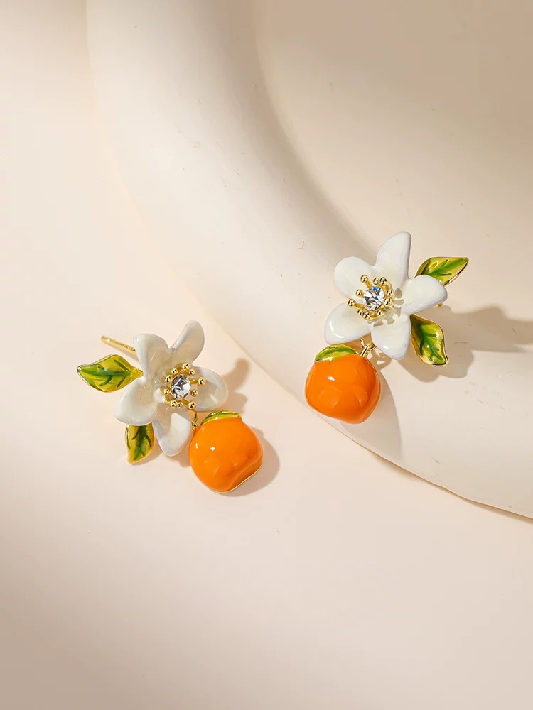 Citrus Blossom Earrings – Floral Fruit Studs in 925 Silver