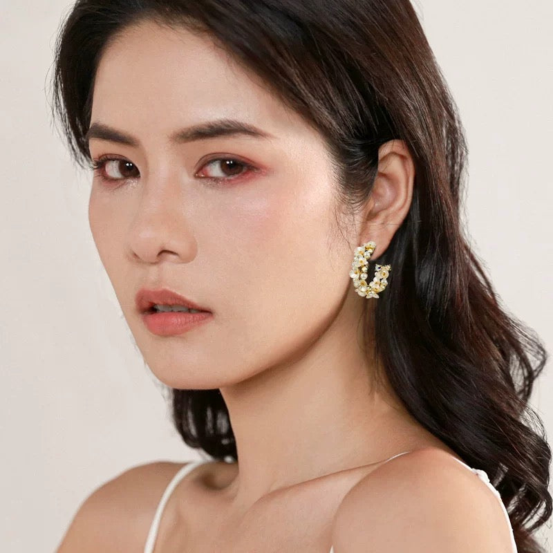 Flora Bloom Hoop Earrings – Mother-of-Pearl Blossoms & Crystal Accents in 925 Silver