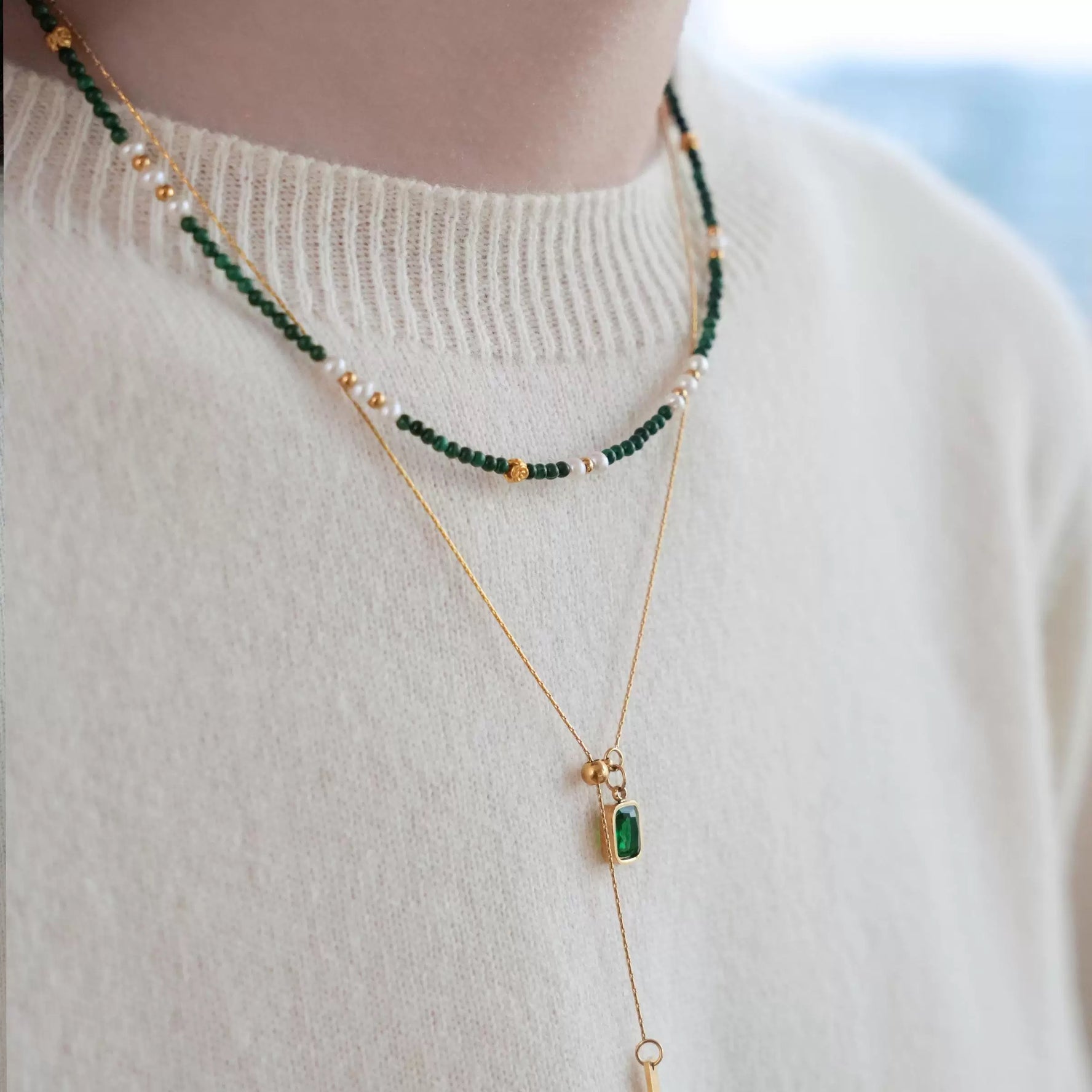 Natural Malachite Freshwater Pearl Necklace - Vintage Green Gemstone Handmade Beaded Choker - 925 Silver Gold-Plated Elegant Jewelry - Fashion Gift for Women by Luminora