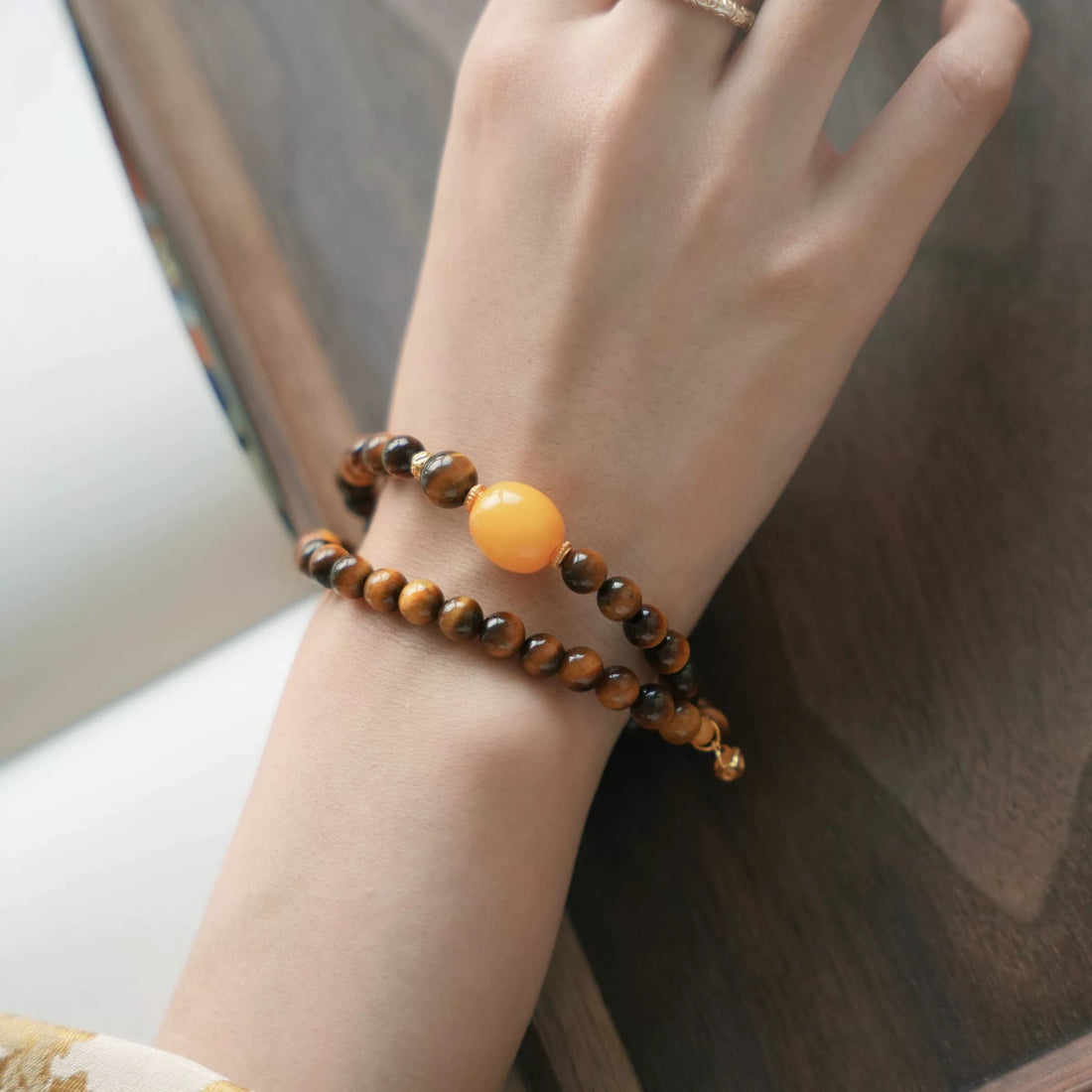 Tiger’s Eye Energy Bracelet | Natural Tiger’s Eye & Amber Buddhist Bead Bracelet | Unisex Lucky Amulet by Luminora