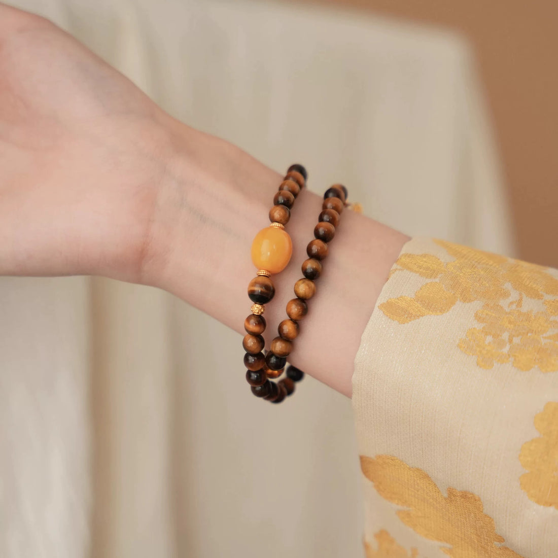 Tiger’s Eye Energy Bracelet | Natural Tiger’s Eye & Amber Buddhist Bead Bracelet | Unisex Lucky Amulet by Luminora