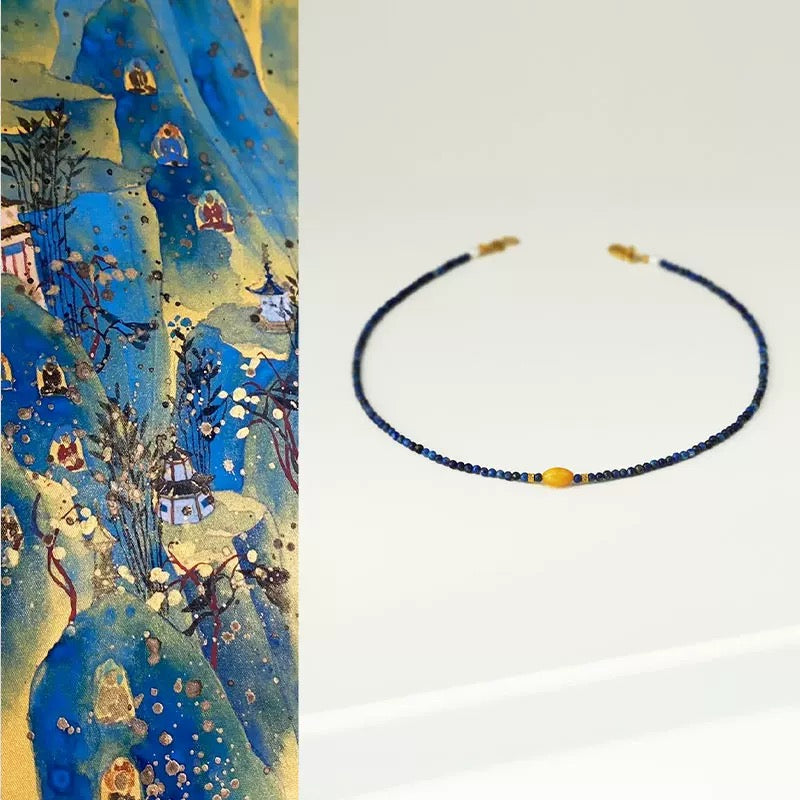 Elegant Lapis Lazuli & Amber Beaded Necklace – Handmade Minimalist Choker for Women, Natural Stone Jewelry by Luminora