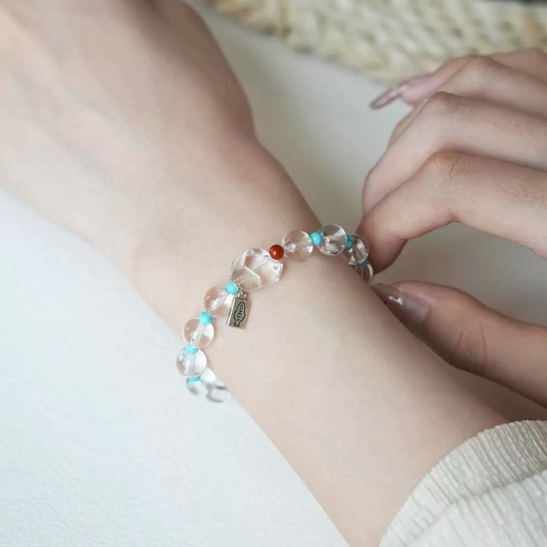 Natural Crystal Bracelet | Transparent Quartz with Coral & Turquoise | Handcrafted Energy Jewelry by Luminora