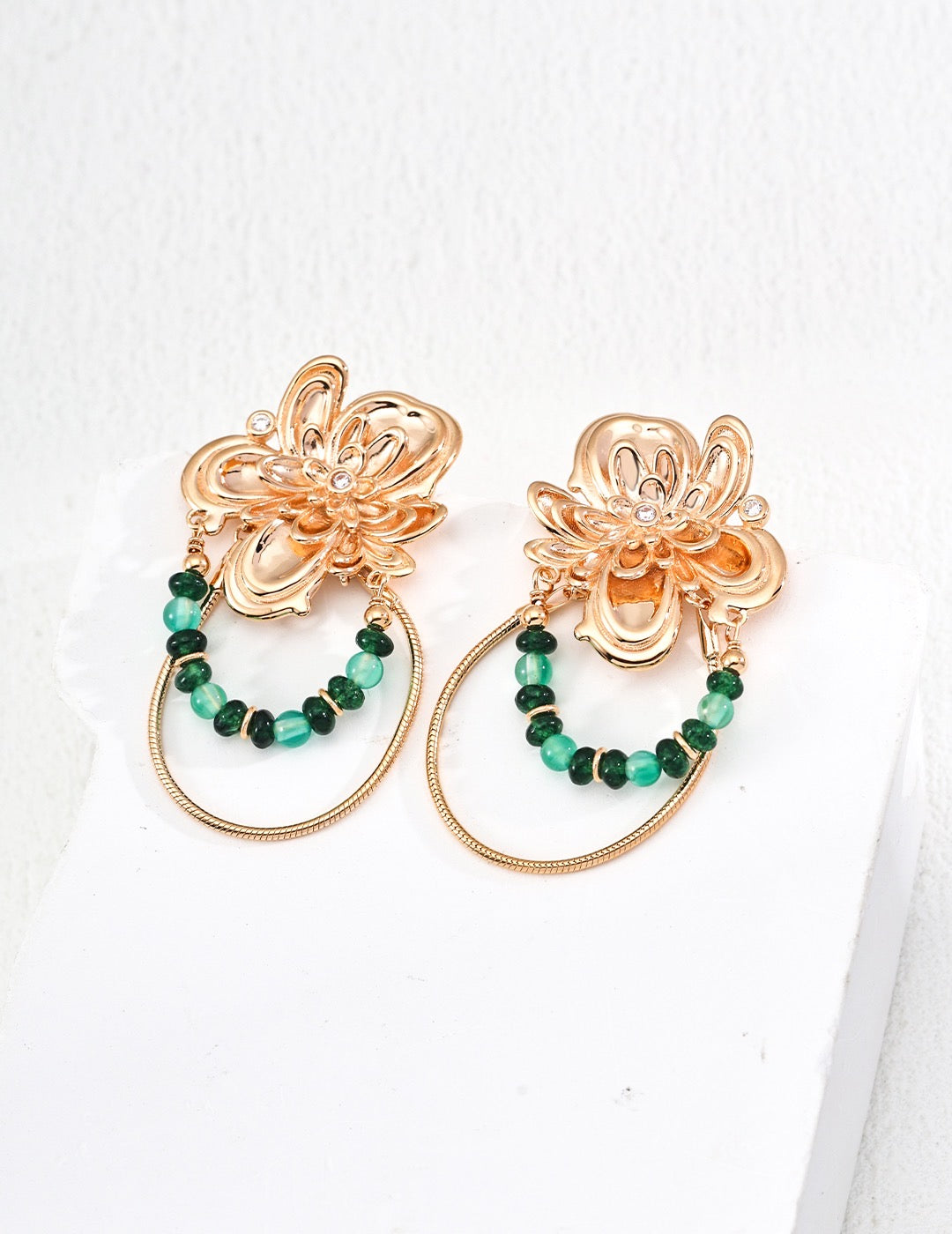 S925 Sterling Silver Vintage Green Gemstone Agate Zircon Earrings - 18K Gold Plated | Elegant Floral Design | Retro Palace Style | by Luminora