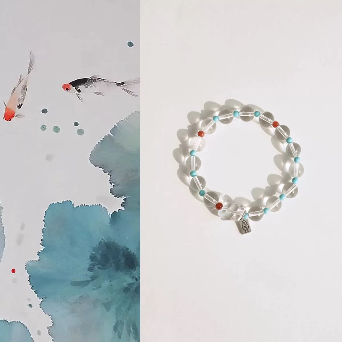 Natural Crystal Bracelet | Transparent Quartz with Coral & Turquoise | Handcrafted Energy Jewelry by Luminora