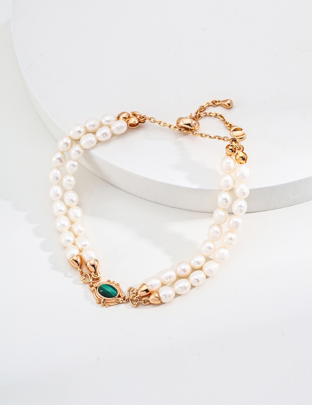 Double-Layer Natural Pearl Bracelet - 18K Gold Plated with Green Agate | Freshwater Pearl Bracelet | Elegant Luxury Jewelry by Luminora