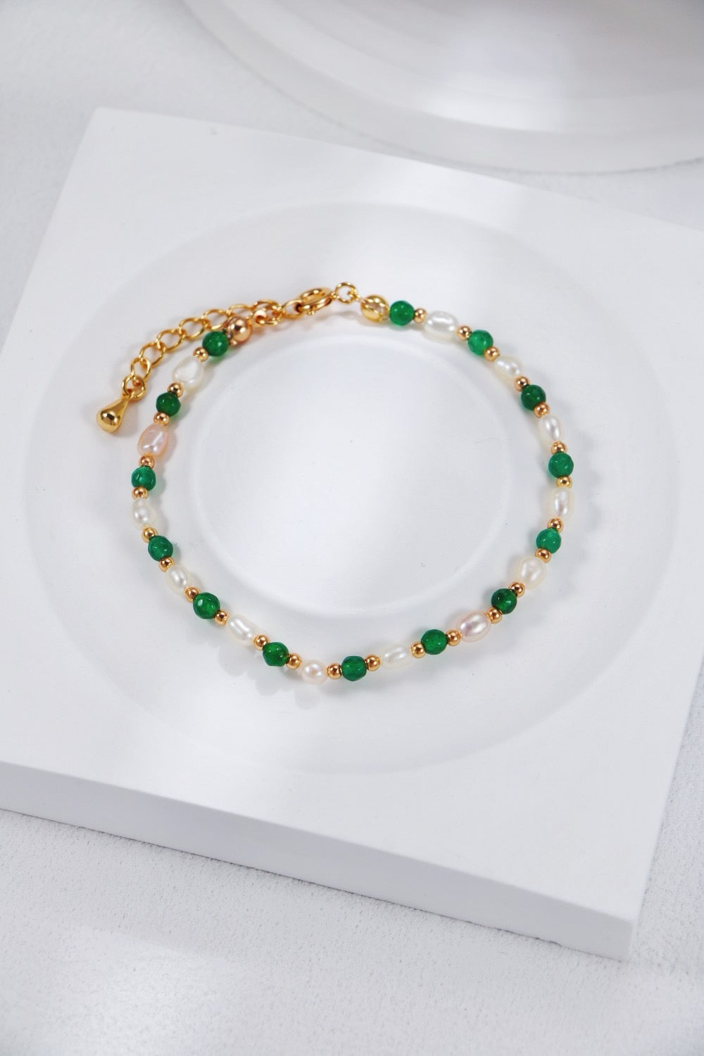 Natural Freshwater Pearl & Green Agate Bracelet – 14K Gold-Plated Vintage Beaded Bracelet | Adjustable Choker Necklace |by Luminora