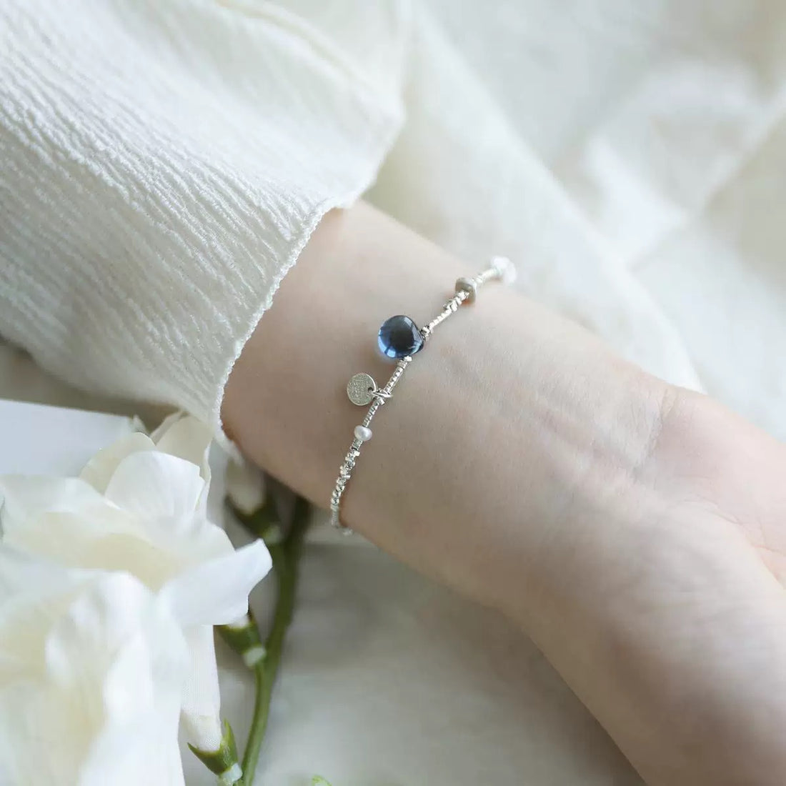 Elegant Blue Gem & Silver Beaded Bracelet – Handcrafted Minimalist Jewelry for Women  by Luminora