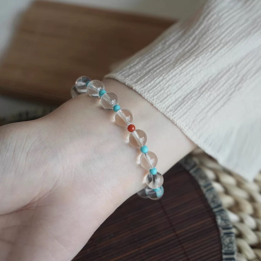 Natural Crystal Bracelet | Transparent Quartz with Coral & Turquoise | Handcrafted Energy Jewelry by Luminora