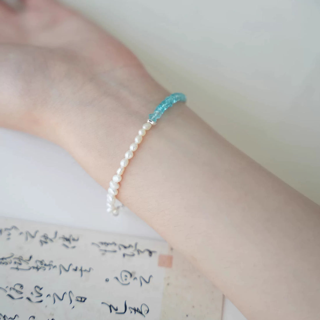 Elegant Freshwater Pearl and Aquamarine Bracelet – Handmade Minimalist Jewelry for Women by Luminora