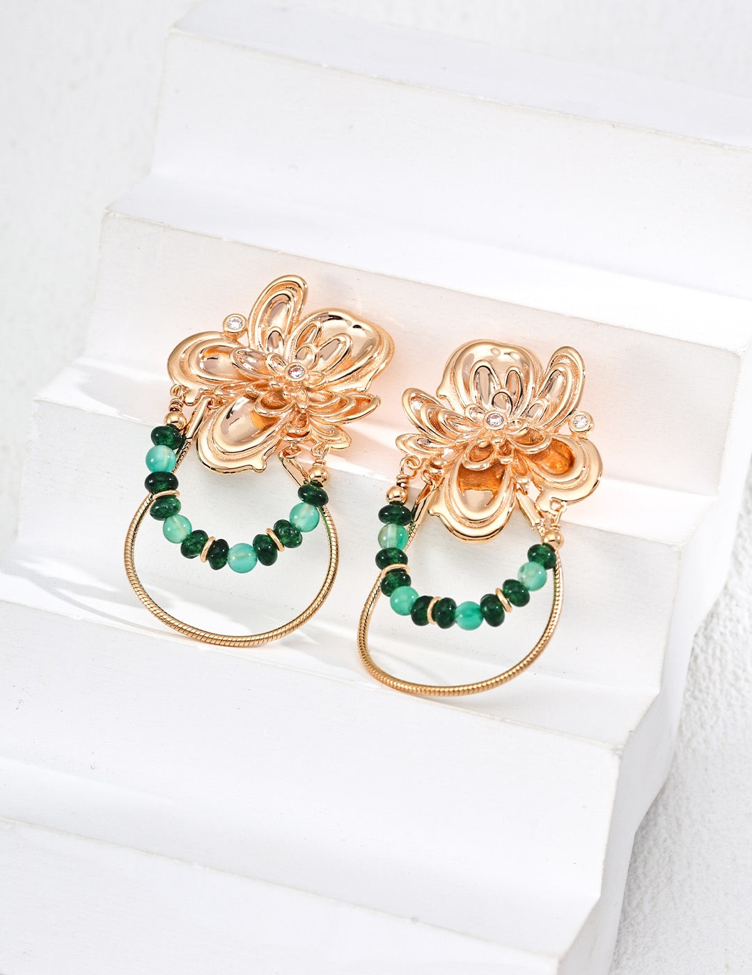 S925 Sterling Silver Vintage Green Gemstone Agate Zircon Earrings - 18K Gold Plated | Elegant Floral Design | Retro Palace Style | by Luminora