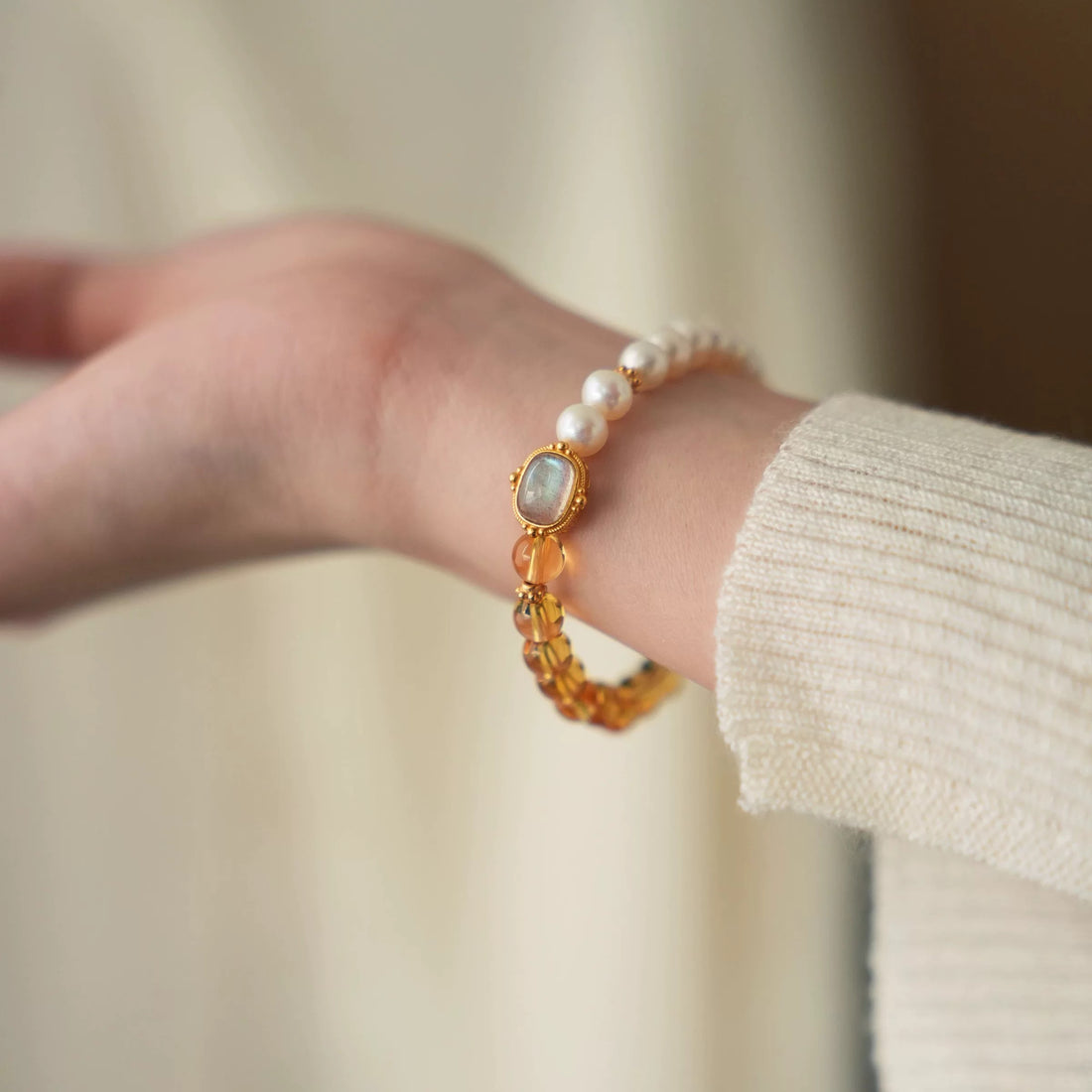 Luxury Citrine & Pearl Bracelet – Handmade Natural Gemstone Energy Bracelet with Moonstone Accent  Luminora