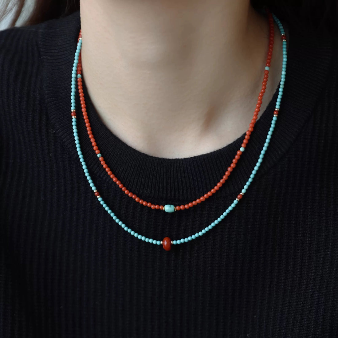 Handmade Turquoise and Red Agate Beaded Necklace – Elegant Bohemian Style, Minimalist Gemstone Jewelry for Women by Luminora