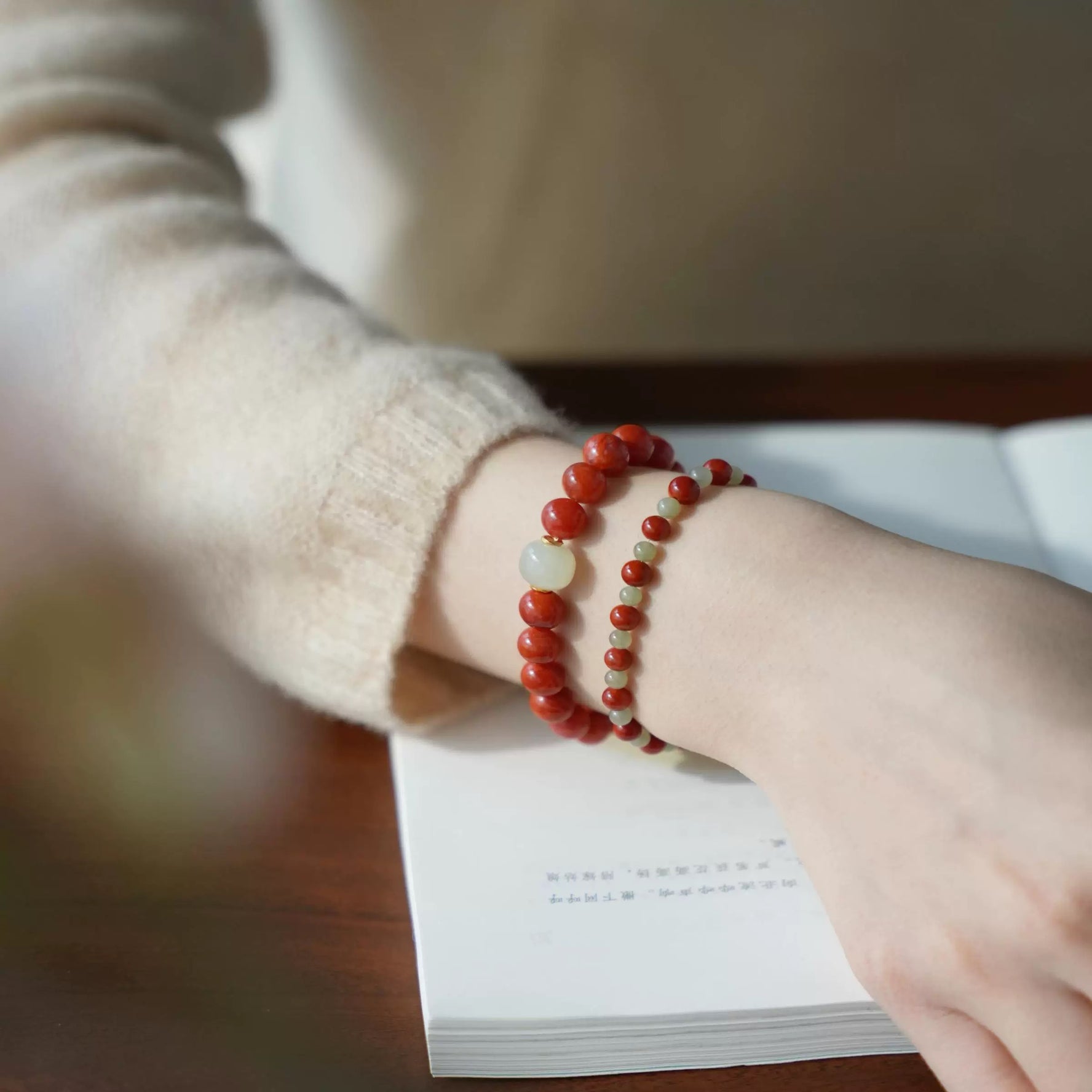 Natural Red Agate and Jade Bracelet | Vintage Elegant Chinese Style | Gold Prayer Wheel Pendant | Handmade Beaded Jewelry by Luminora