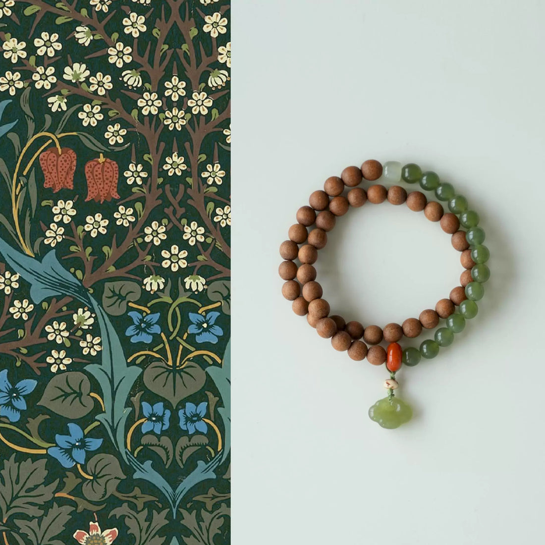 Sandalwood & Hetian Green Jade Bracelet – Handmade Zen-Inspired Mala, Natural Wood Beads & Lucky Jade Pendant  by Luminora