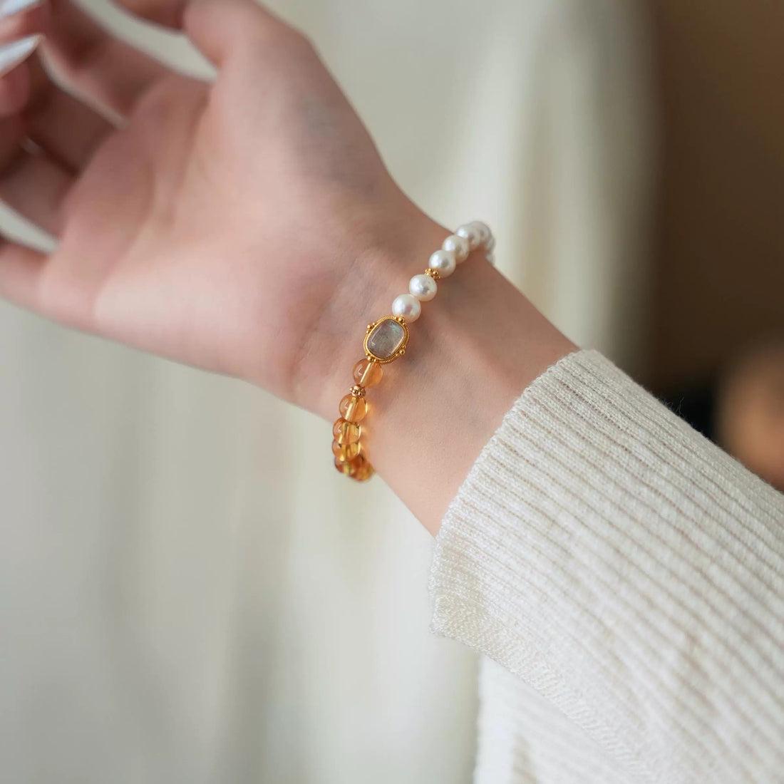 Luxury Citrine & Pearl Bracelet – Handmade Natural Gemstone Energy Bracelet with Moonstone Accent  Luminora