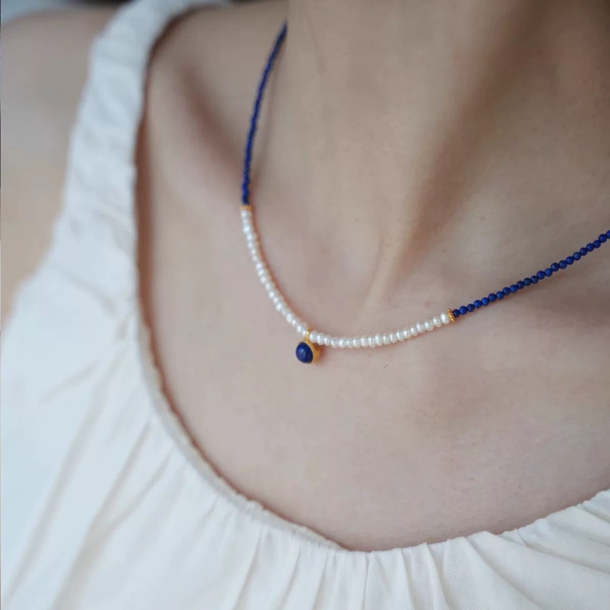 Natural Kyanite & Freshwater Pearl Necklace | Handcrafted Minimalist Luxury Jewelry | 18K Gold-Plated Aquamarine Pendant | Elegant & Sophisticated Accessory By Luminora