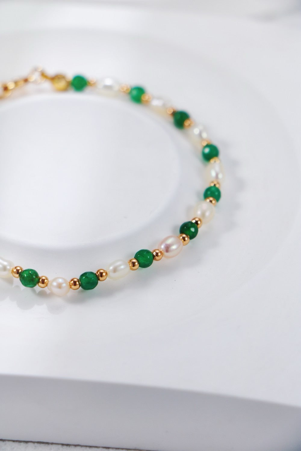 Natural Freshwater Pearl & Green Agate Bracelet – 14K Gold-Plated Vintage Beaded Bracelet | Adjustable Choker Necklace |by Luminora