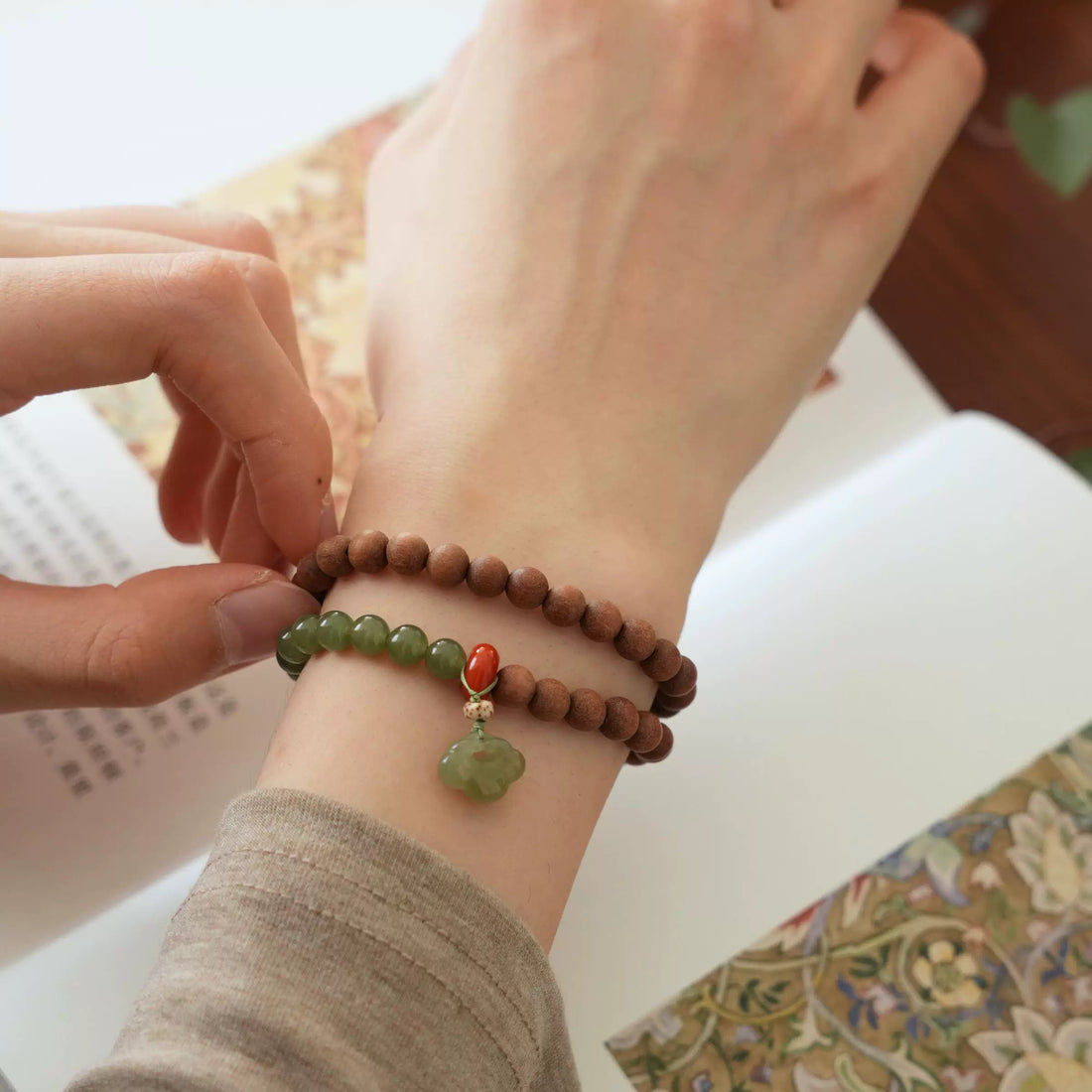 Sandalwood & Hetian Green Jade Bracelet – Handmade Zen-Inspired Mala, Natural Wood Beads & Lucky Jade Pendant  by Luminora