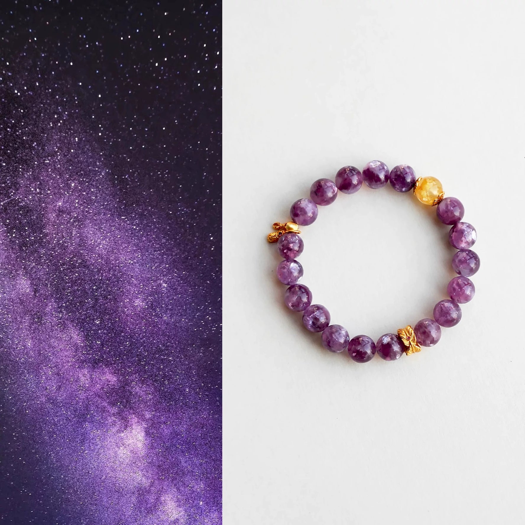 Natural Purple Lepidolite Bracelet – Stress Relief & Emotional Balance | Calming Healing Crystal | Elegant Gold Accents | Energy Jewelry for Women  by Luminora