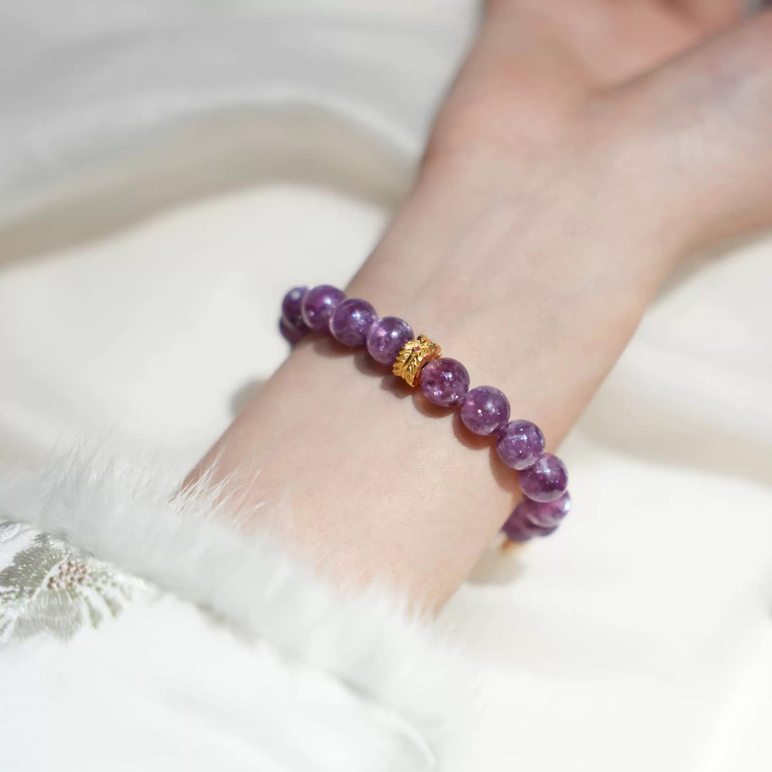 Natural Purple Lepidolite Bracelet – Stress Relief & Emotional Balance | Calming Healing Crystal | Elegant Gold Accents | Energy Jewelry for Women  by Luminora