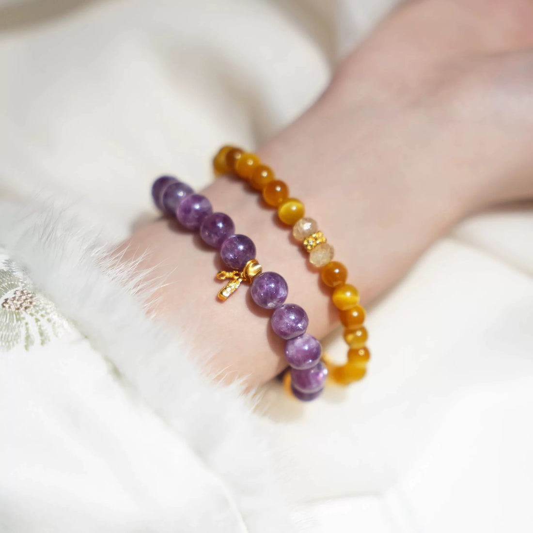 Natural Purple Lepidolite Bracelet – Stress Relief & Emotional Balance | Calming Healing Crystal | Elegant Gold Accents | Energy Jewelry for Women  by Luminora