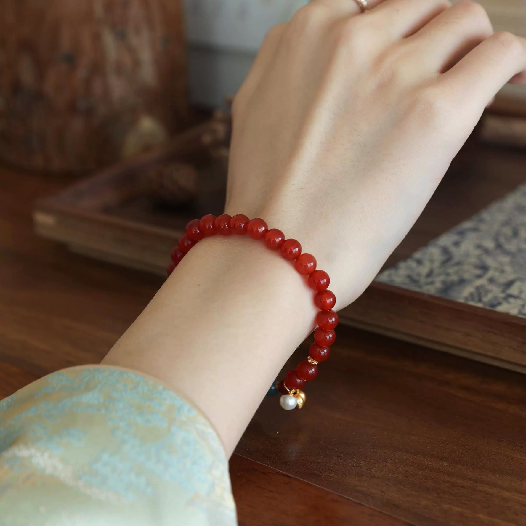 Natural Red Agate & Blue Jadeite Bracelet – Vintage Zen Crystal Beaded Bracelet, Handmade Energy Healing Jewelry for Men & Women
 By Luminora