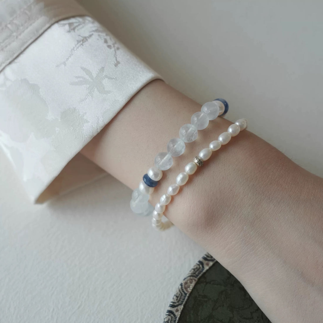 Glacier Aquamarine & Freshwater Pearl Bracelet – Handmade Elegant Beaded Jewelry, Minimalist Zen Crystal Energy Bracelet  by Luminora