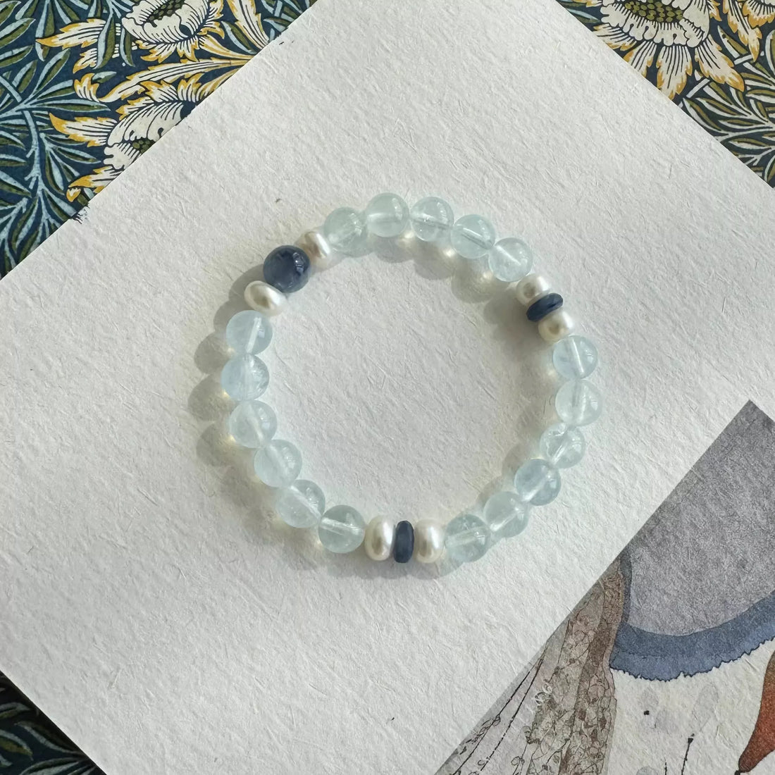 Glacier Aquamarine & Freshwater Pearl Bracelet – Handmade Elegant Beaded Jewelry, Minimalist Zen Crystal Energy Bracelet  by Luminora