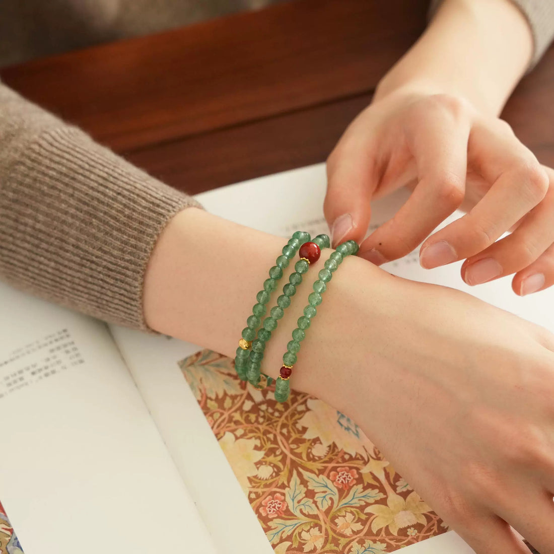 Strawberry Quartz, Green Crystal & South Red Agate Bracelet – Handmade Healing Energy Bracelet, Elegant Gemstone Jewelry for Women
 By Luminora