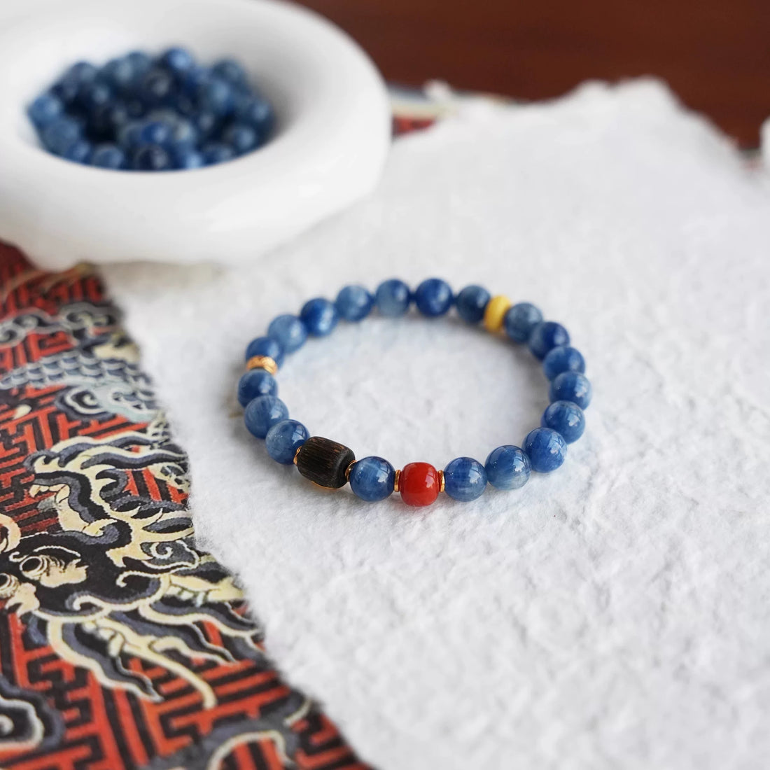 Natural Kyanite, Southern Red Agate & Agarwood Bracelet | Handmade Energy Protection Beads | Zen Meditation Jewelry | Unisex Lucky Charm By Luminora