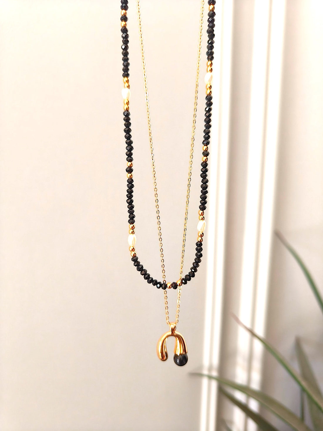 18K Gold-Plated S925 Silver Necklace with Black Goldstone and Freshwater Pearls | Elegant and Minimalist Design | Adjustable Length