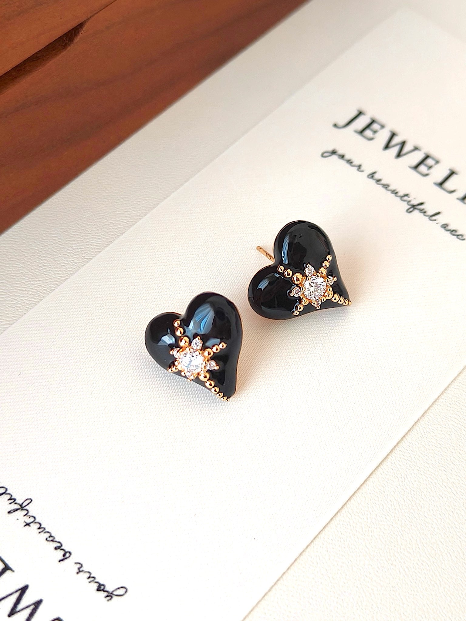 18K Gold-Plated S925 Silver Black Heart Stud Earrings | Enamel Finish with Zircon Accents | Elegant and Chic