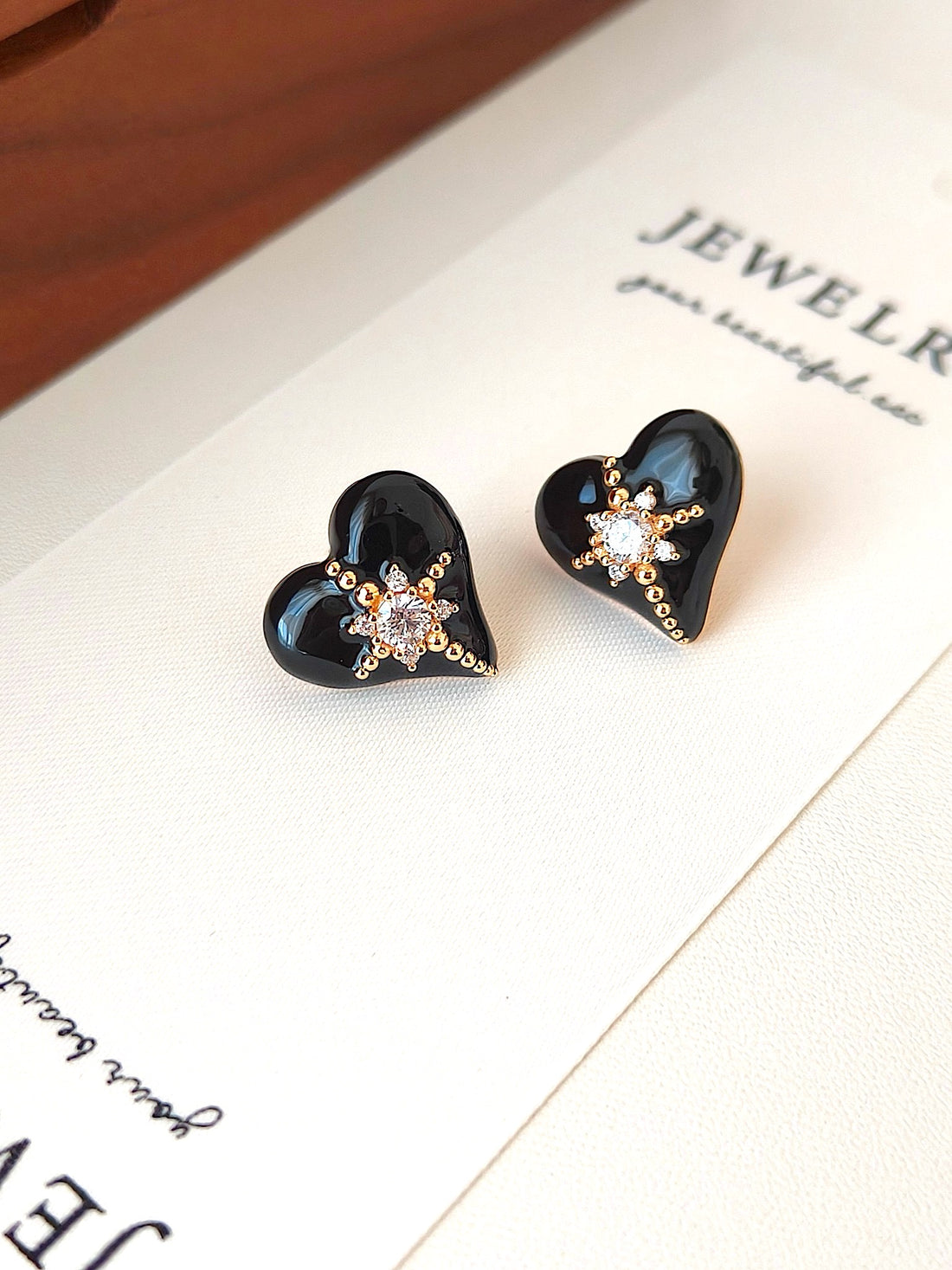 18K Gold-Plated S925 Silver Black Heart Stud Earrings | Enamel Finish with Zircon Accents | Elegant and Chic