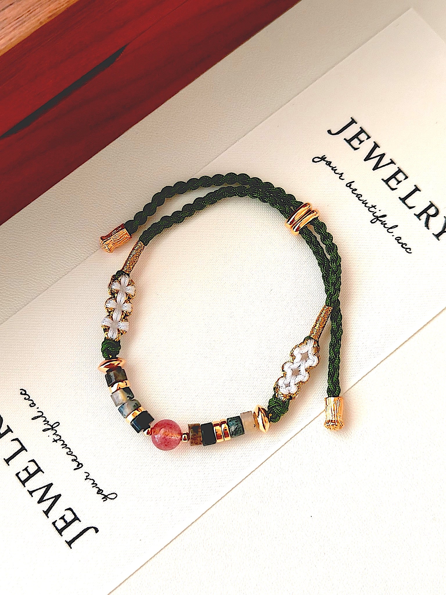 18K Gold-Plated S925 Silver Bracelet with Strawberry Quartz and Moss Agate | Handcrafted Woven Rope Design | Elegant and Unique