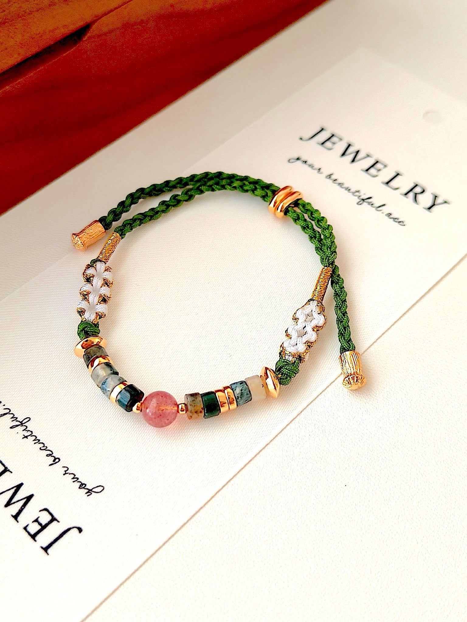 18K Gold-Plated S925 Silver Bracelet with Strawberry Quartz and Moss Agate | Handcrafted Woven Rope Design | Elegant and Unique