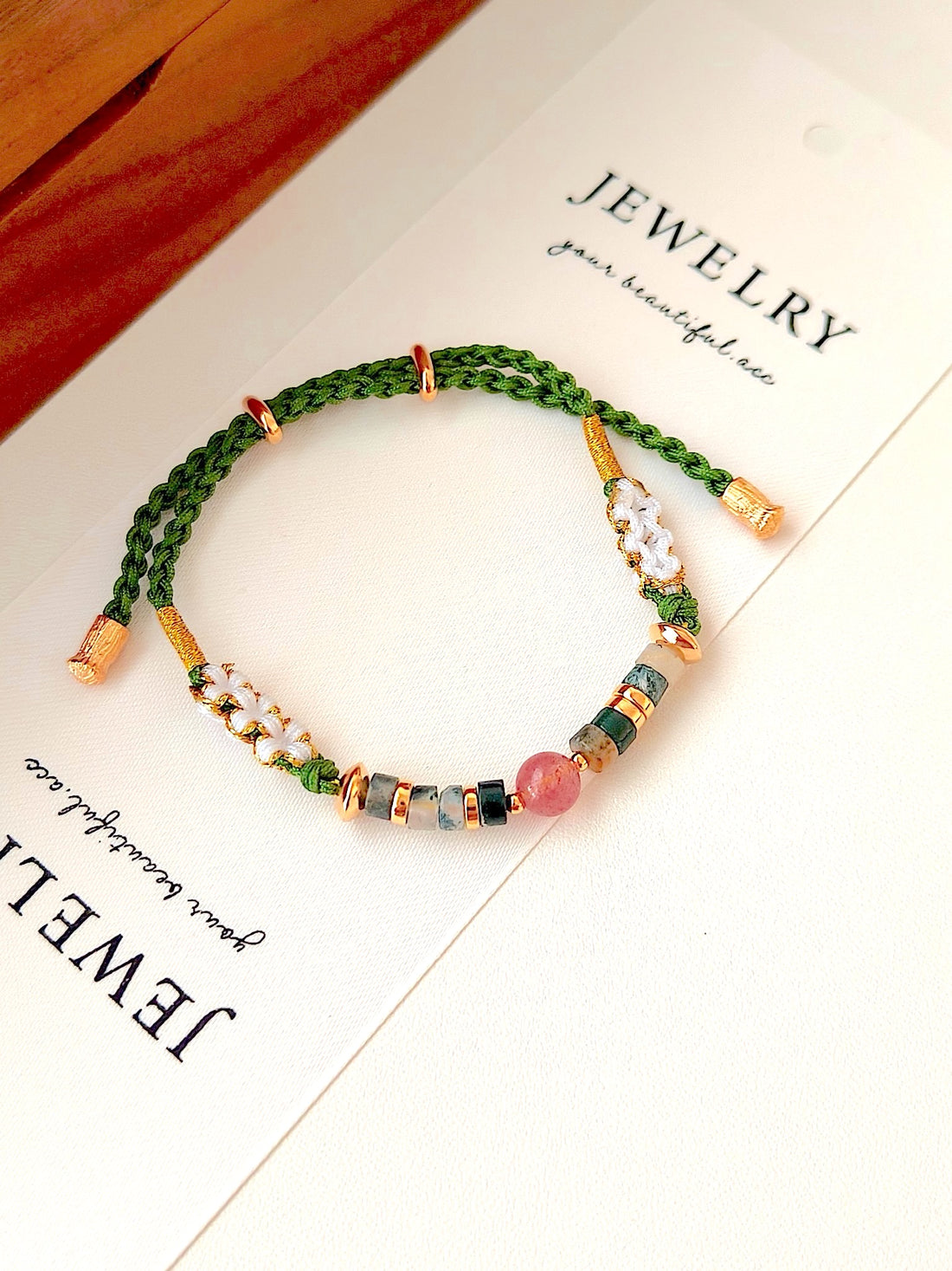 18K Gold-Plated S925 Silver Bracelet with Strawberry Quartz and Moss Agate | Handcrafted Woven Rope Design | Elegant and Unique