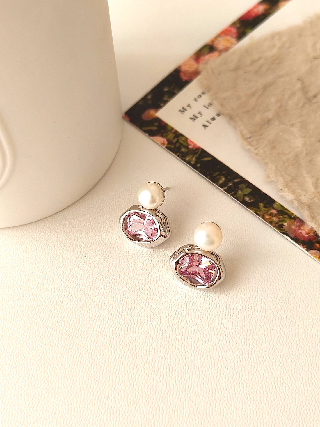 Elegant Pearl and Pink Crystal Stud Earrings | Timeless Grace by Luminora