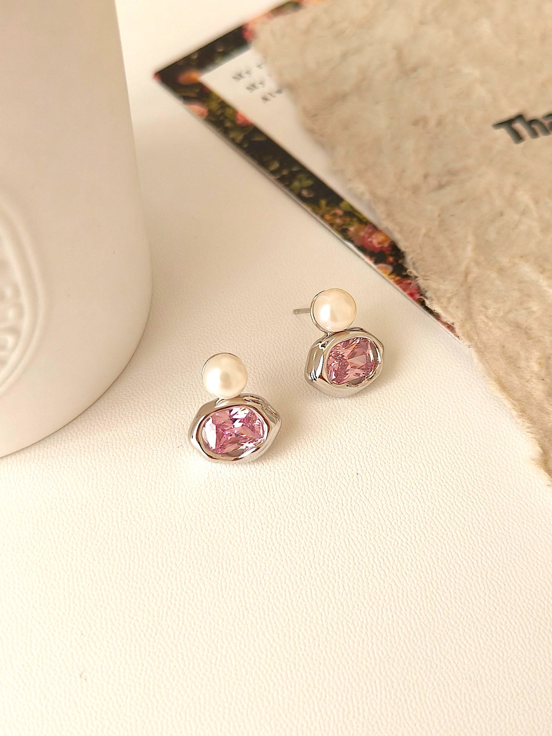 Elegant Pearl and Pink Crystal Stud Earrings | Timeless Grace by Luminora