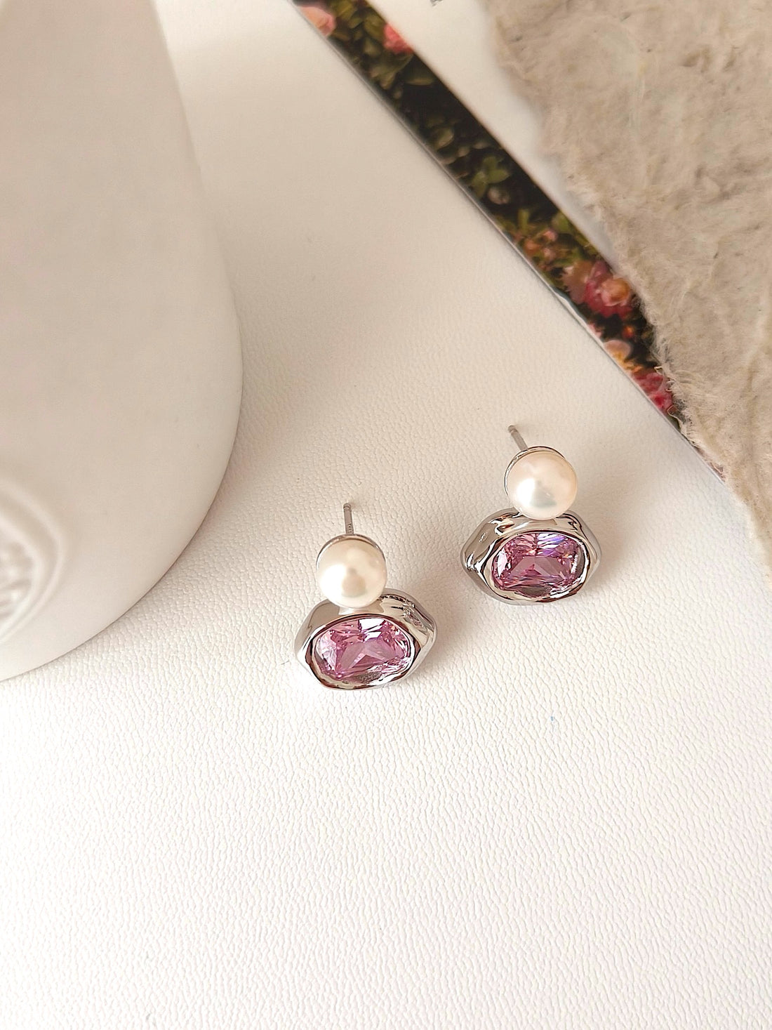 Elegant Pearl and Pink Crystal Stud Earrings | Timeless Grace by Luminora